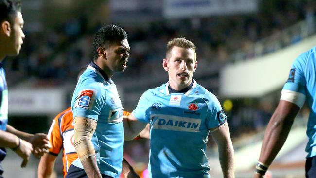 Kurtley Beale and Bernard Foley of the Waratahs react during the Round 12 Super Rugby match between the NSW Waratahs and the Blues at Brookvale Oval in Sydney on Saturday, May 5, 2018. (AAP Image/Jeremy Ng) NO ARCHIVING, EDITORIAL USE ONLY
