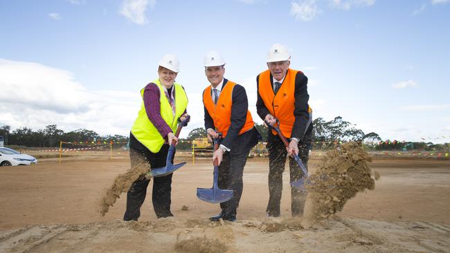 Work starts on the $80 million Warwick Farm project. From left, Liverpool Council mayor Wendy Waller, Stockland’s Tony D’Addona and Daikin chairman Bob Woodhouse. Picture: Melvyn Knipe