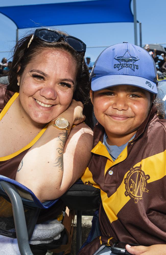 Brittany Duncan and daughter Leynara McCarthy show their support for SWQ Mandana at the Warriors Reconciliation Carnival at Jack Martin Centre, Saturday, January 25, 2025. Picture: Kevin Farmer