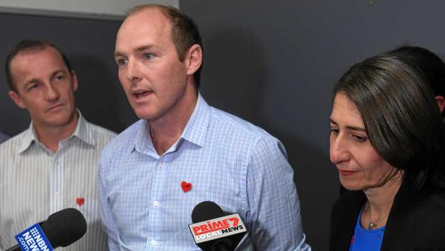 NSW premier Gladys Berejiklian meets with Lismore mayor Isaac Smith and National's candidate for Lismore, Austin Curtin during State election campaigning. Picture: Marc Stapelberg