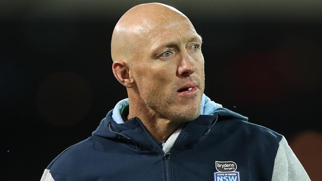 ADELAIDE, AUSTRALIA - NOVEMBER 04: Members of the Blues coaching team Danny Buderus and Craig Fitzgibbon are seen during game one of the 2020 State of Origin series between the Queensland Maroons and the New South Wales Blues at the Adelaide Oval on November 04, 2020 in Adelaide, Australia. (Photo by Mark Kolbe/Getty Images)