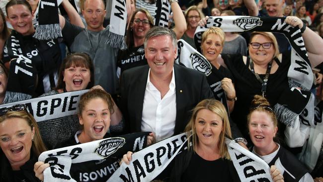 Eddie McGuire with the Collingwood fans before the Melbourne Vixens v Collingwood Magpies netball game. Picture: George Salpigtidis