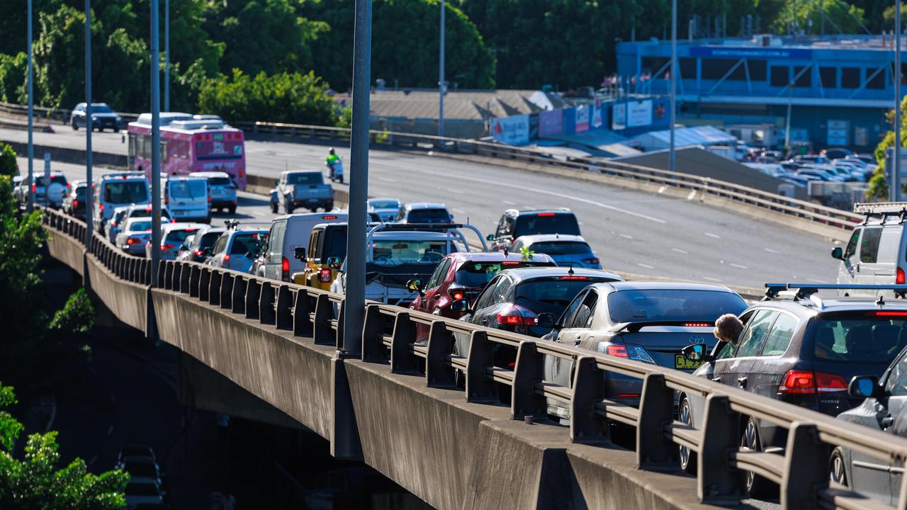 Traffic on Anzac Bridge queuing to get into Sydney Fish Markets today with many not deterred by the wait. Picture: Justin Lloyd