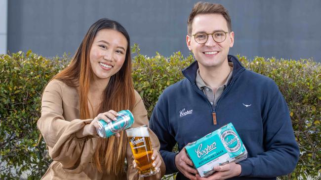 Nalina Tran and Iain Cooper with the new Coopers Australian Lager. Picture: Ben Clark