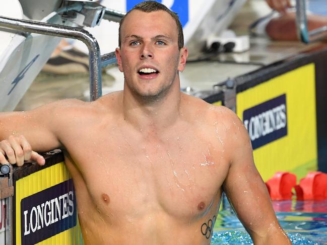 Kyle Chalmers of Australia looks on after the Mens 4x100m Medley Relay Final on day six of swimming competition at the XXI Commonwealth Games at Gold Coast Aquatic Centre on the Gold Coast, Australia, Tuesday, April 10, 2018. (AAP Image/Dave Hunt) NO ARCHIVING, EDITORIAL USE ONLY