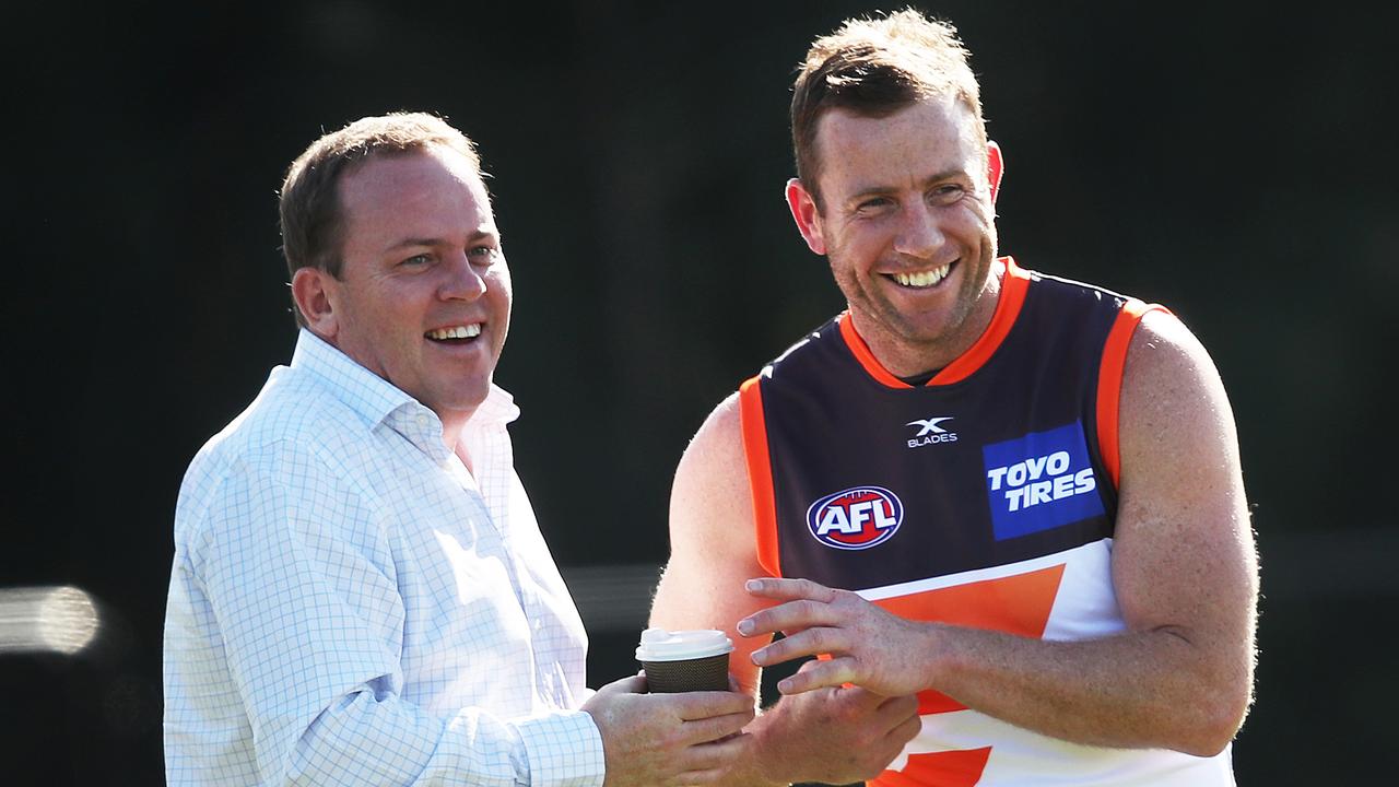 Giants CEO Dave Matthews with former player-turned assistant coach Steve Johnson in 2017. Picture: Phil Hillyard