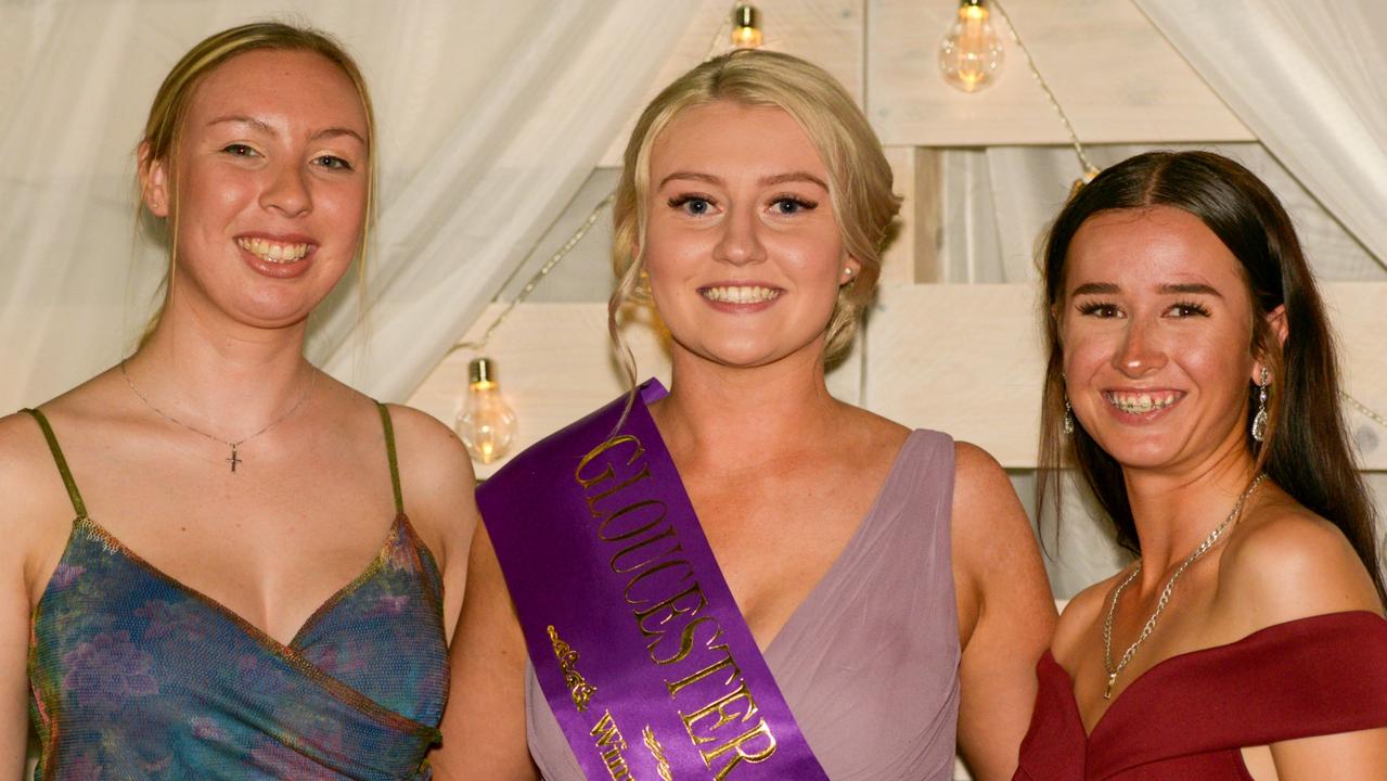 from left: Claire Liversidge (Goulburn Young Woman), Taylah Eyre-Hughs from Gloucester and Piper Conder from Maitland at the Lismore Workers Club for the zone 1 final Sydney AgShow Young Woman 2022.