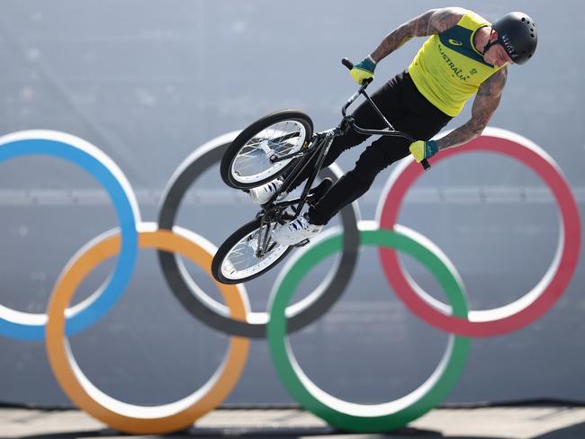 TOKYO, JAPAN - JULY 28: Logan Martin of Team Australia rides during a training session for the Cycling BMX Freestyle at Ariake Urban Sports Park ahead of the Tokyo Olympic Games on July 28, 2021 in Tokyo, Japan. (Photo by Cameron Spencer/Getty Images)