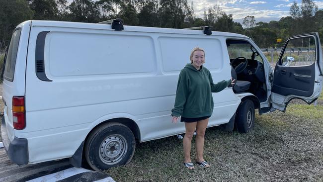 Sammy Ross next to her bogged van. Splendour in the Grass scene pictured on Monday. Picture: Savannah Pocock