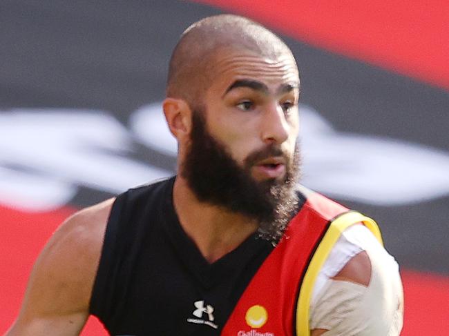 AFL Round 18. 19/09/2020.  Essendon vs Melbourne at Metricon Stadium, Gold Coast.  Adam Saad of the Bombers clears from defence  . Pic: Michael Klein