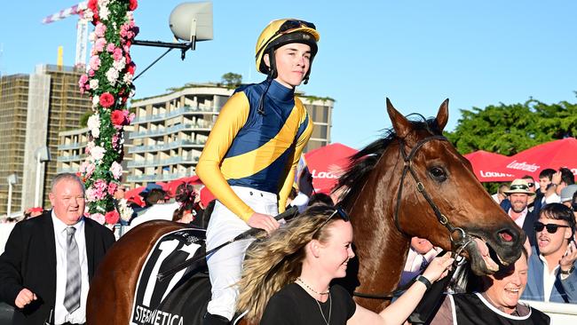 Zac Lloyd breaks through for his maiden Group 1 aboard Stefi Magnetica in the Stradbroke Handicap for trainer Bjorn Baker. Picture: Grant Peters – Trackside Photography.