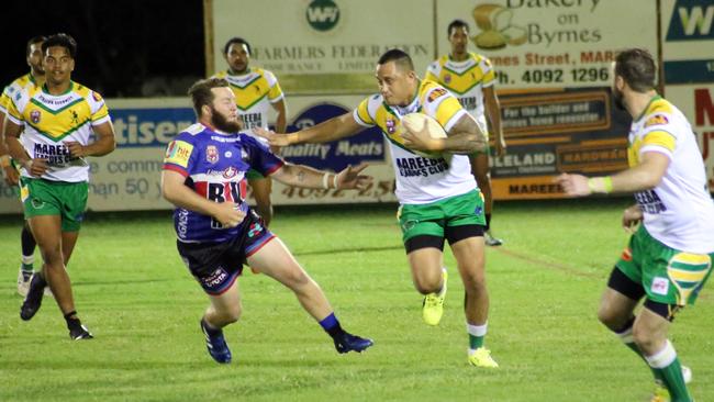 Mareeba Gladiators A-grade player Sonny Rea pictured in 2017 making metres for his team. Picture: Andrea Falvo