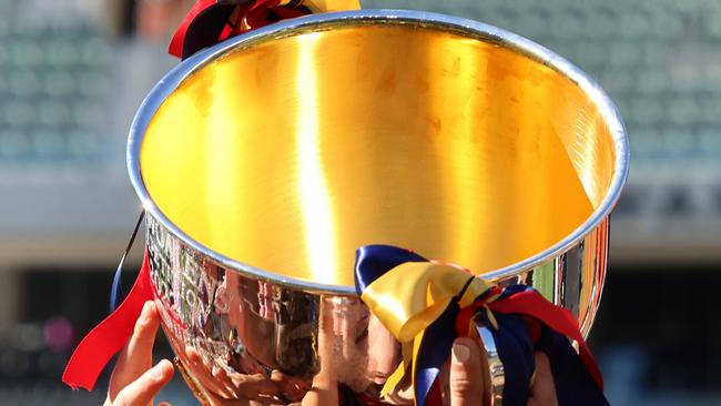 ADELAIDE, AUSTRALIA - APRIL 09: The premiership cup is seen during the 2022 AFLW Grand Final match between the Adelaide Crows and the Melbourne Demons at Adelaide Oval on April 09, 2022 in Adelaide, Australia. (Photo by Russell Millard/AFL Photos via Getty Images)