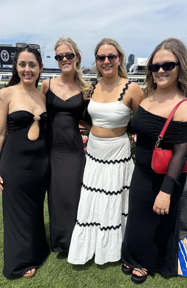 Maddison Jones, Sophie Mahar, Leila Owens and Mia Barnard at Flemington for Derby Day on November 2, 2024. Picture: Phillippa Butt