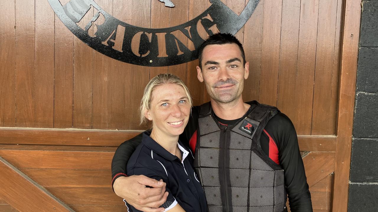 Emily Pomfrett and her partner, fellow jockey Luke Miller. Picture: Ben Dorries