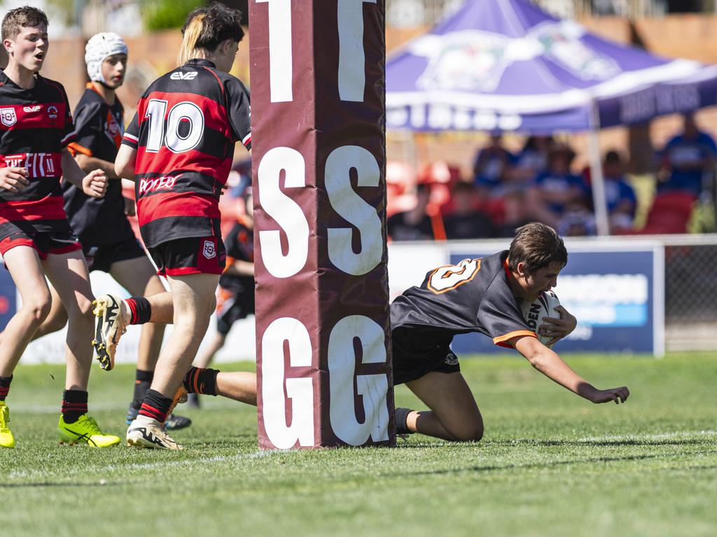 Harrison Parsons gets a try for Southern Suburbs against Valleys in U13/14 boys Toowoomba Junior Rugby League grand final at Toowoomba Sports Ground, Saturday, September 7, 2024. Picture: Kevin Farmer