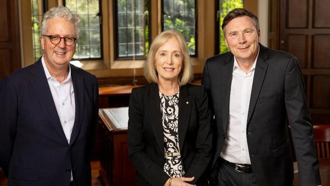 University of Sydney Vice-Chancellor Professor Mark Scott, outgoing Chancellor Belinda Hutchinson, and incoming Chancellor David Thodey. Picture: Michael Amendolia