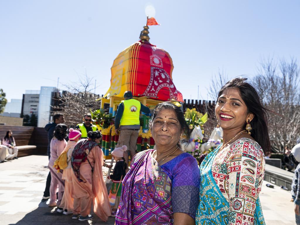 Hansa Patel (left) and Minal Patel as Toowoomba's Festival of Chariots procession reaches the Civic Square, Saturday, July 20, 2024. Picture: Kevin Farmer