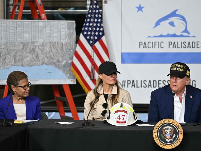 Los Angeles Mayor Karen Bass and US First Lady Melania Trump look on as US President Donald Trump speaks during a fire emergency briefing. Picture: AFP