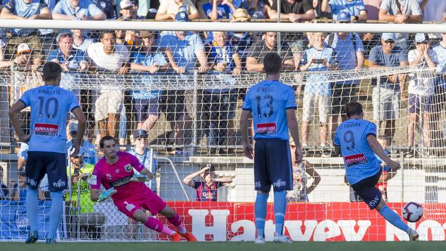 Adam le Fondre of Sydney scores during the Round 19 A-League match between Sydney FC and the Central Coast Mariners. Picture: AAP Image/Craig Golding