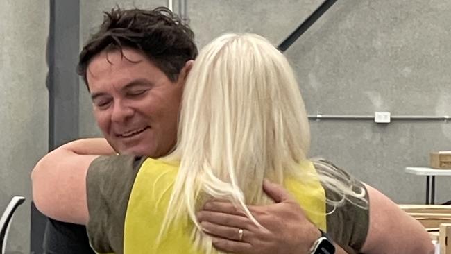 Gold Coast City Council candidate Nick Marshall hugs outgoing councillor Pauline Young as the final votes are counted on Monday, April 1, 2024. Picture: Paul Weston