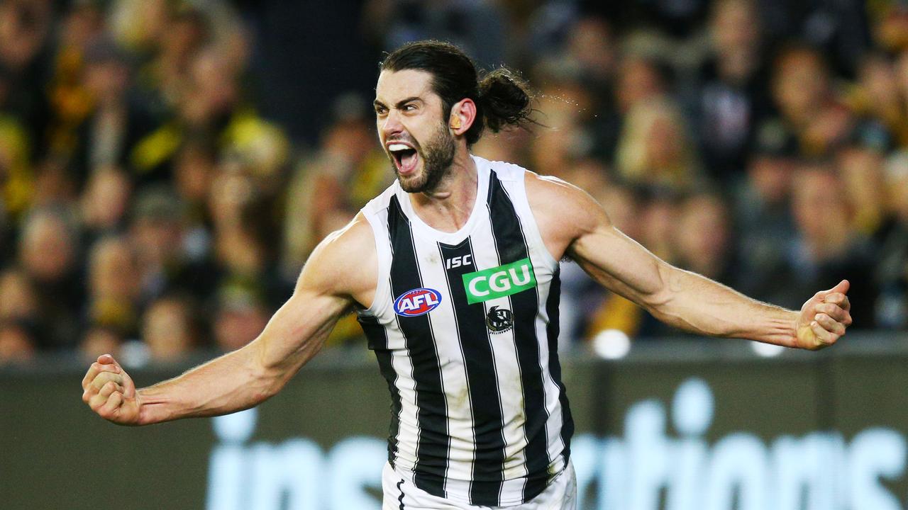 MELBOURNE, VICTORIA - SEPTEMBER 21: Brodie Grundy of the Magpies celebrates a goal during the AFL Preliminary Final match between the Richmond Tigers and the Collingwood Magpies on September 21, 2018 in Melbourne, Australia. (Photo by Michael Dodge/AFL Media/Getty Images)