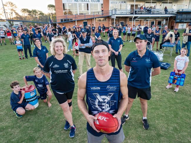 Yarrawonga VIC, AUSTRALIA - 25th March 2021:Yarrawonga Football Club. The people that make up a country footy club. In front is Bridget Cassar (netball coach), Mark Whiley (senior coach) and Ross Mulquiney (president).Contact for footy club is Andrew Mott 0417216710Picture: Simon Dallinger