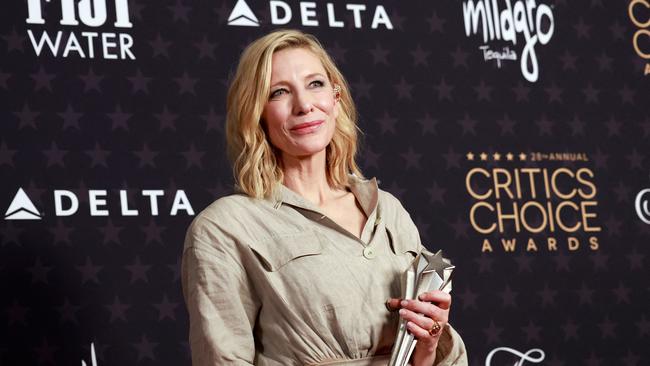 Cate Blanchett with the Best Actress award for Tar during the 28th Annual Critics Choice Awards in Los Angeles on January 15.