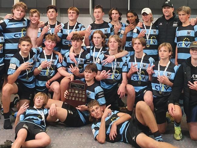 Maroochydore Swans U15s rugby union side celebrate winning their third premiership in a row. Picture: Contributed.