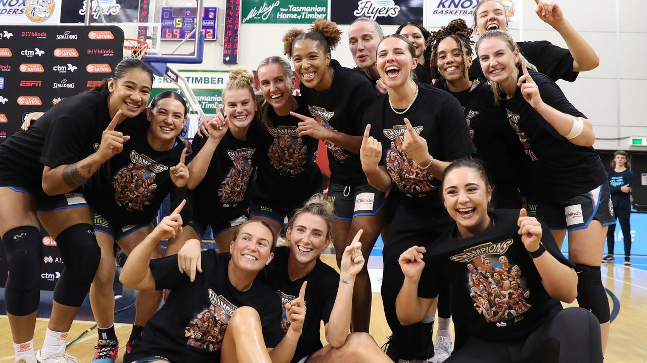 Townsville Fire celebrate victory during game two of the WNBL Grand Final series (Photo by Kelly Defina/Getty Images)