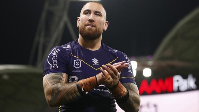 MELBOURNE, AUSTRALIA - SEPTEMBER 15: Nelson Asofa-Solomona of the Storm thanks fans after winning the NRL Semi Final match between Melbourne Storm and the Sydney Roosters at AAMI Park on September 15, 2023 in Melbourne, Australia. (Photo by Daniel Pockett/Getty Images)