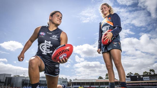 Carlton AFLW star Maddy Prespakis and her sister Georgie. Georgie won the NAB League Girls best and fairest with Calder Cannons in 2019 and is eligible to be drafted to the AFLW this year. Picture: Jake Nowakowski