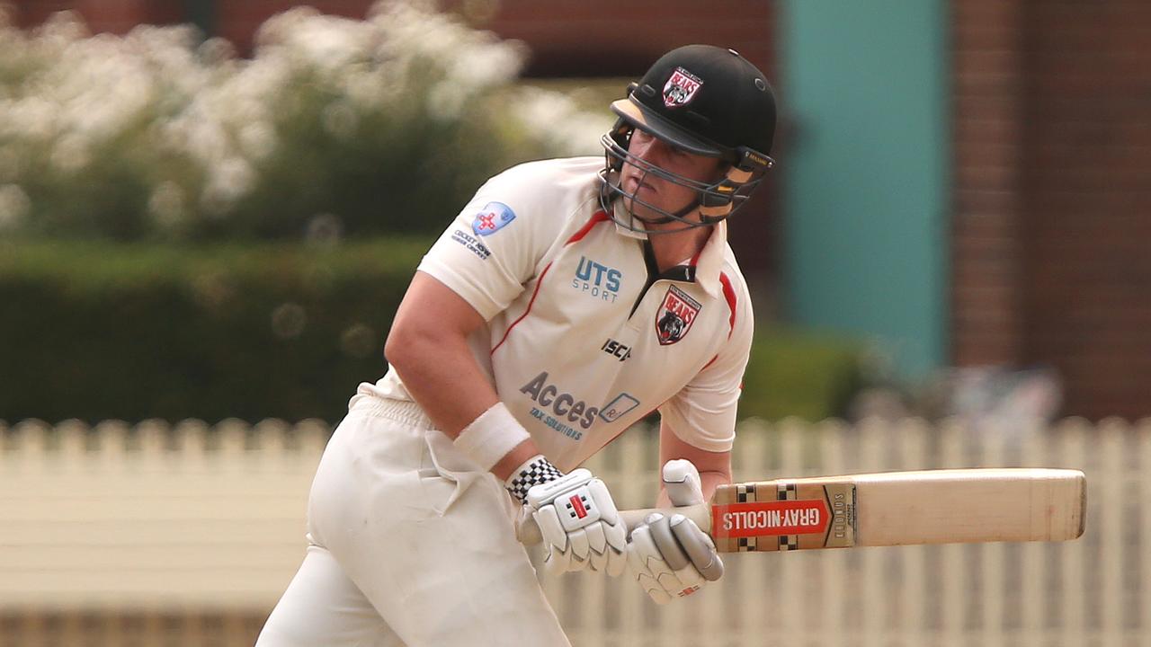 FAIRFIELD ADVANCE/AAP. Tom Jagot bats for UTS North Sydney at Rosedale Oval, Warwick Farm, Saturday, 14th December 2019. The Liverpool Fairfield Lions(bowling) took on UTS North Sydney in a first grade cricket match at Rosedale Oval, Warwick Farm. (AAP IMAGE / Robert Pozo)