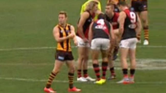 Hawthorn premiership player and superstar Sam Mitchell taunts Essendon players. Picture: Fox Sports.