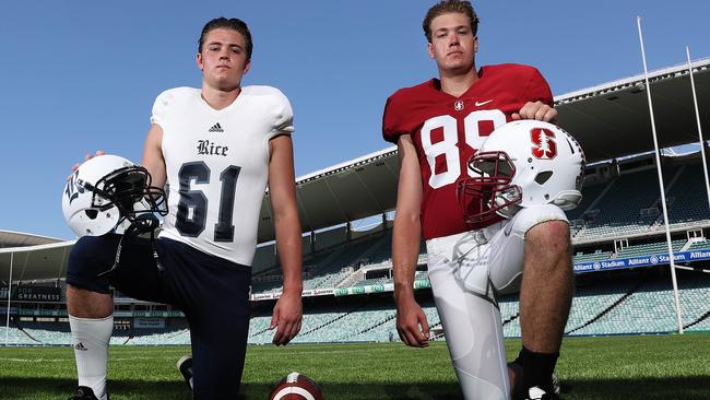 Angus Richmond and Keegan Richmond ahead of the University of Stanford and Rice University US college football game to be played at Allianz Stadium in August. Picture: Brett Costello