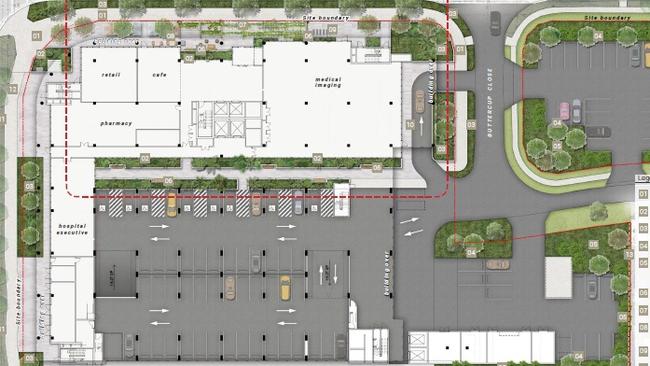 Plans show a cafe, retail outlets, a pharmacy, medical imaging suites along with carparking and medical clinic.