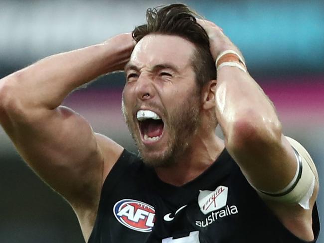 GOLD COAST, AUSTRALIA - APRIL 14: Dale Thomas of the Blues reacts after losing the round four AFL match between the Gold Coast Suns and the Carlton Blues at Metricon Stadium on April 14, 2019 in Gold Coast, Australia. (Photo by Chris Hyde/Getty Images)