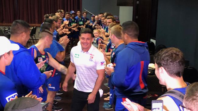 Knights teammates formed a guard of honour for Chris Heighington as he announced his NRL retirement. Picture: Fiona Bollen