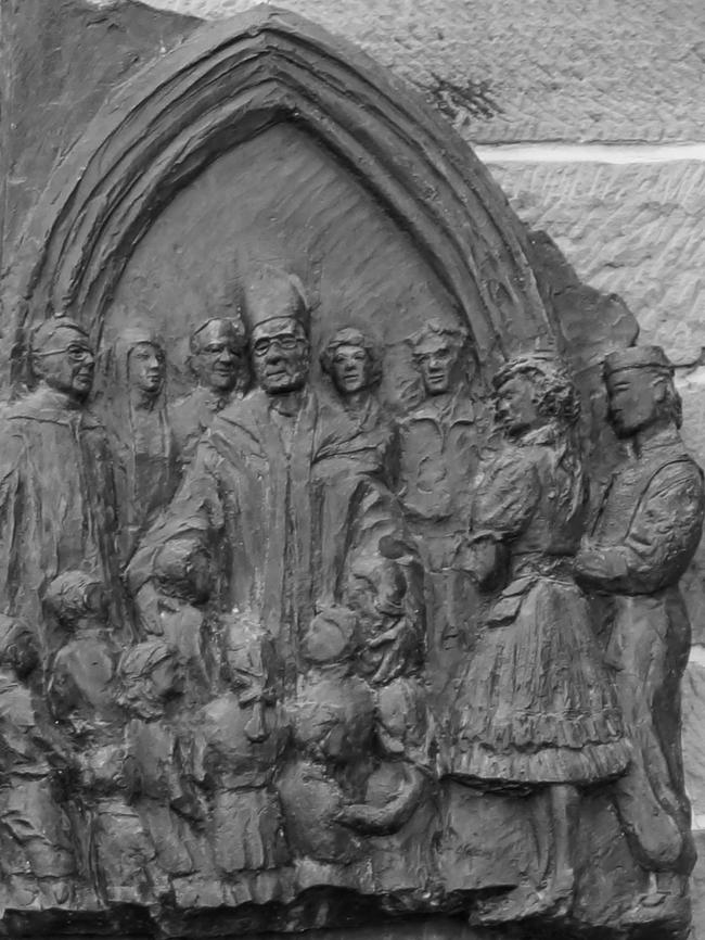 A sculpture fixed to the side of Hobart’s St Mary's Cathedral that depicts former Monsignor Philip Green (left) will be removed.