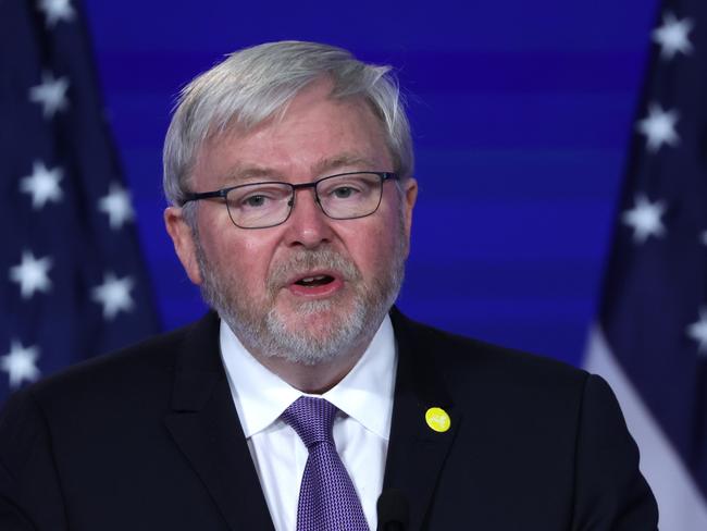 WASHINGTON, DC - MAY 26: President of the Asia Society and former Australian prime minister Kevin Rudd speaks as he introduces U.S. Secretary of State Antony Blinken during an event at Jack Morton Auditorium of George Washington University May 26, 2022 in Washington, DC. Blinken delivered a speech on the Biden administrationâs policy toward China during the event hosted by the Asia Society Policy Institute.   Alex Wong/Getty Images/AFP == FOR NEWSPAPERS, INTERNET, TELCOS & TELEVISION USE ONLY ==