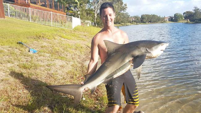 Heath Simmons with a bull shark he caught at Burleigh Lake. Photo: Facebook.