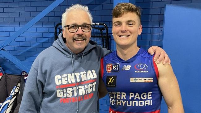 James Dickson, 63, and 2023 Magarey Medallist Harry Grant, 23, together after a recent win from Central Districts Football Club against Glenelg. Picture: Supplied