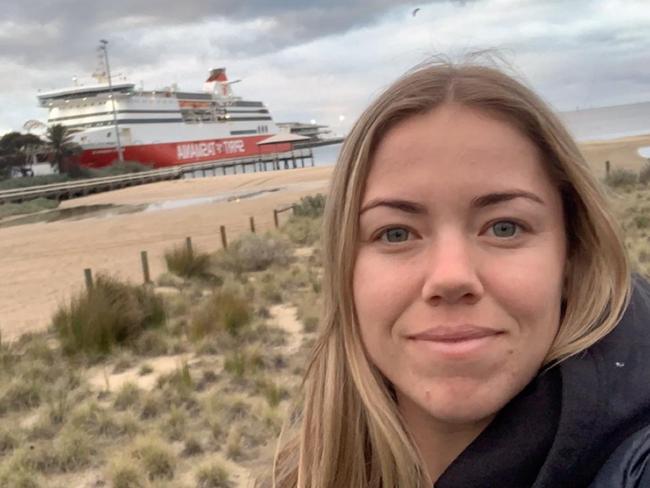 Naomi Stalenberg getting on the Spirit of Tasmania on Tuesday to come to Hobart to play for Tasmanian Tigers.