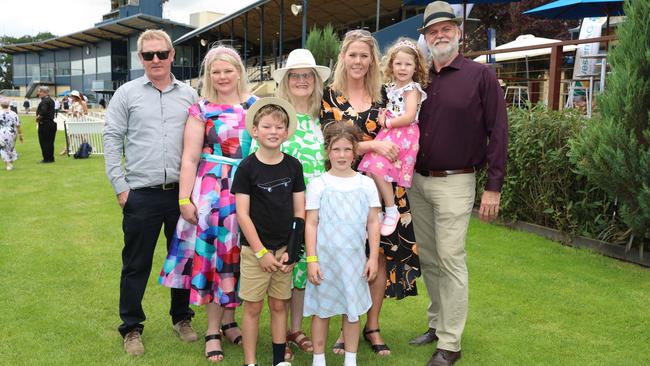 Andrew Sheehan, Taryn Sheehan, Isaac Weissenfeld, Lyn Gallagher-Green, Madilyn Weissenfeld, Claire Weissenfeld, Gracie Weissenfeld, Lloyd Thomas attend the Ballarat Cup. Picture: Brendan Beckett