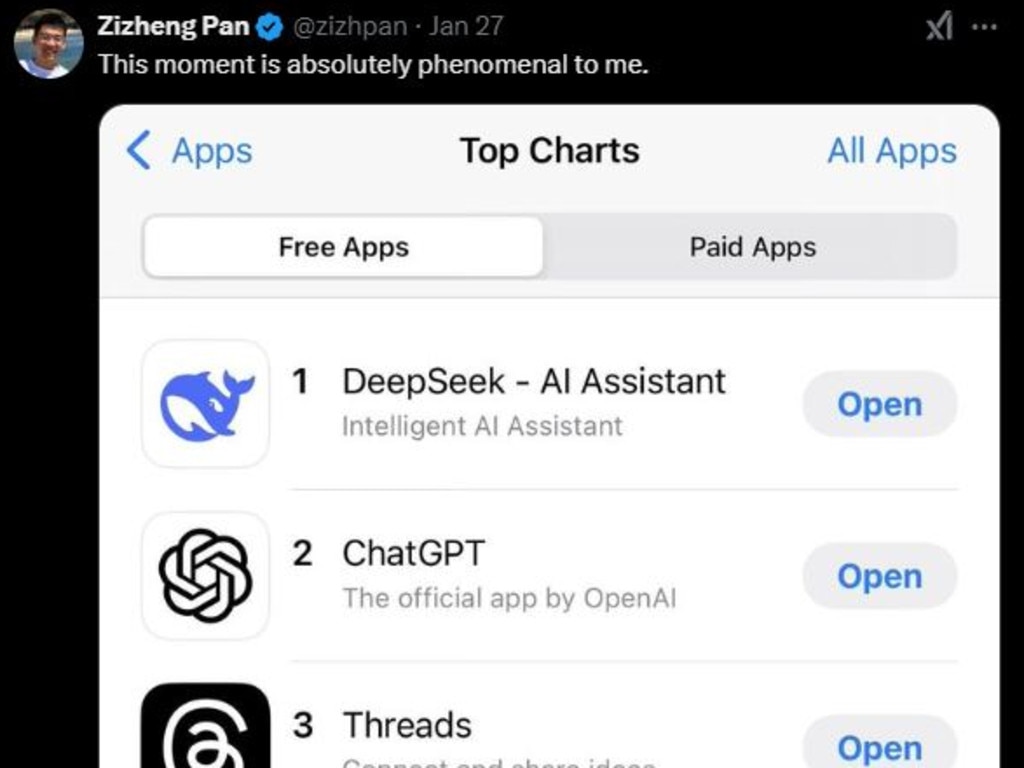 Zizheng Pan celebrated AI platform DeepSeek topping the App Store charts via his X (Twitter) account last week. Photo: Supplied/X