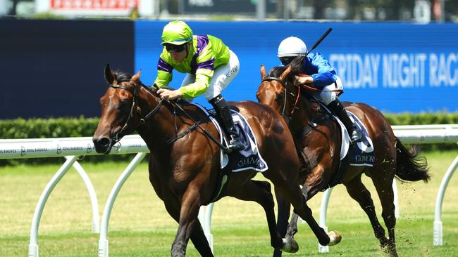 SYDNEY, AUSTRALIA - DECEMBER 21: Tommy Berry riding Pallaton wins Race 1 Shinzo @ Coolmore Plate during Sydney Racing at Royal Randwick Racecourse on December 21, 2024 in Sydney, Australia. (Photo by Jeremy Ng/Getty Images)