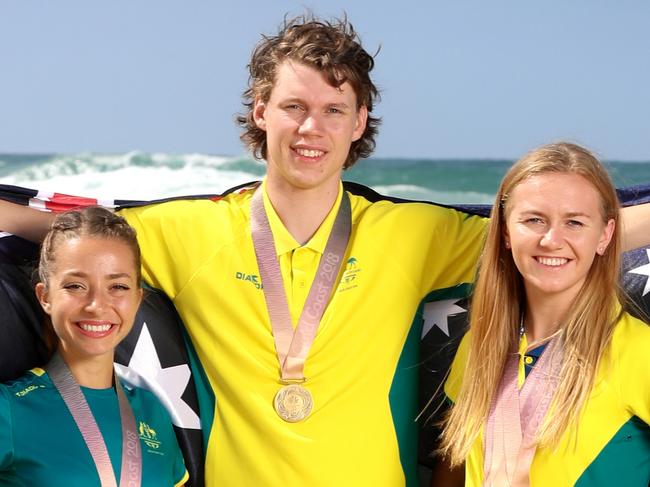 WARNING FOR MONDAY PAPERS ONLY NOT FOR ONLINE WARNING Rissing stars of the 2018 Commonwealth games. Ariarne Titmus (Swiiming) Kelland O'Brien (track Cycling) and Jemima Montag (Walker) (L to R). Picture: Alex coppel.
