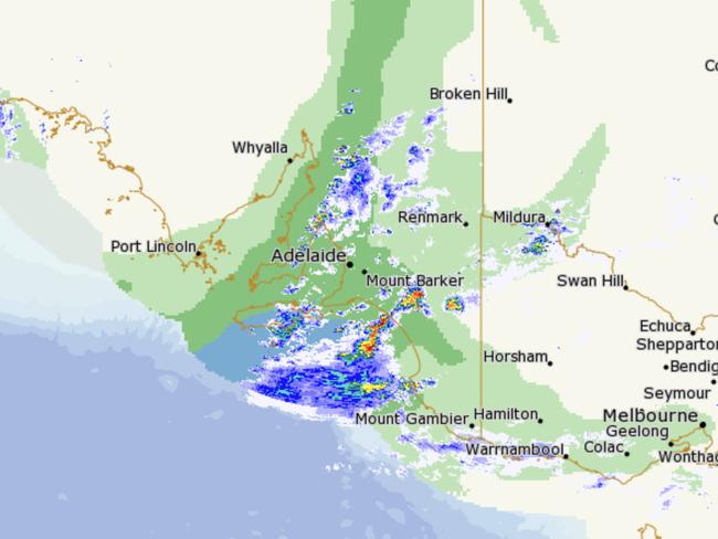 Rainfall over SA on Monday. Red shading indicates heavy rains. Picture: BOM.