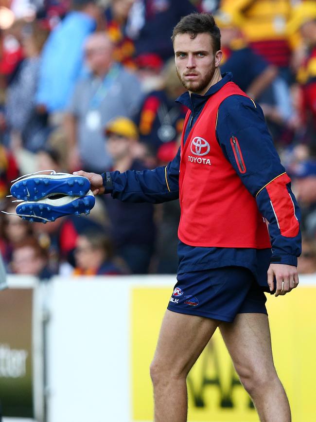 Brodie Smith heads to the rooms at halftime of the Round 7 clash with the Saints after being subbed out with concussion. Photo Sarah Reed.