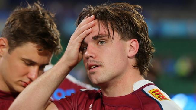 PERTH, AUSTRALIA - MARCH 23: Mac Grealy of the Reds reacts after the loss during the round five Super Rugby Pacific match between Western Force and Queensland Reds at HBF Park, on March 23, 2024, in Perth, Australia. (Photo by James Worsfold/Getty Images)